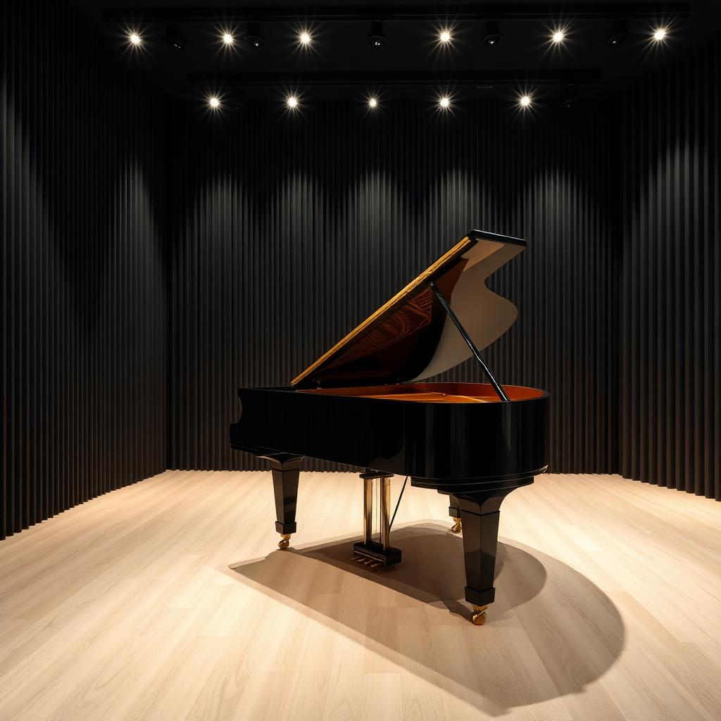 Grand piano in a showroom with black slat acoustic paneling