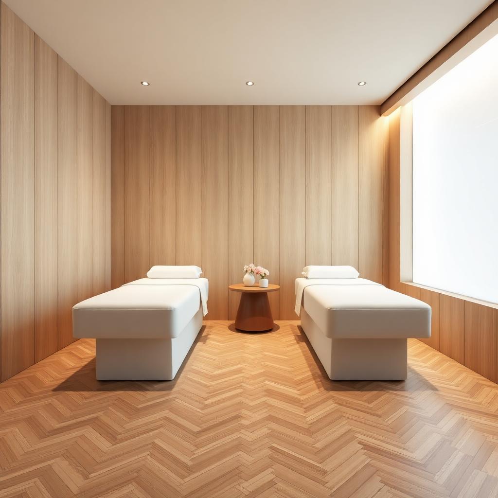 Minimalist spa treatment room with light wood paneling