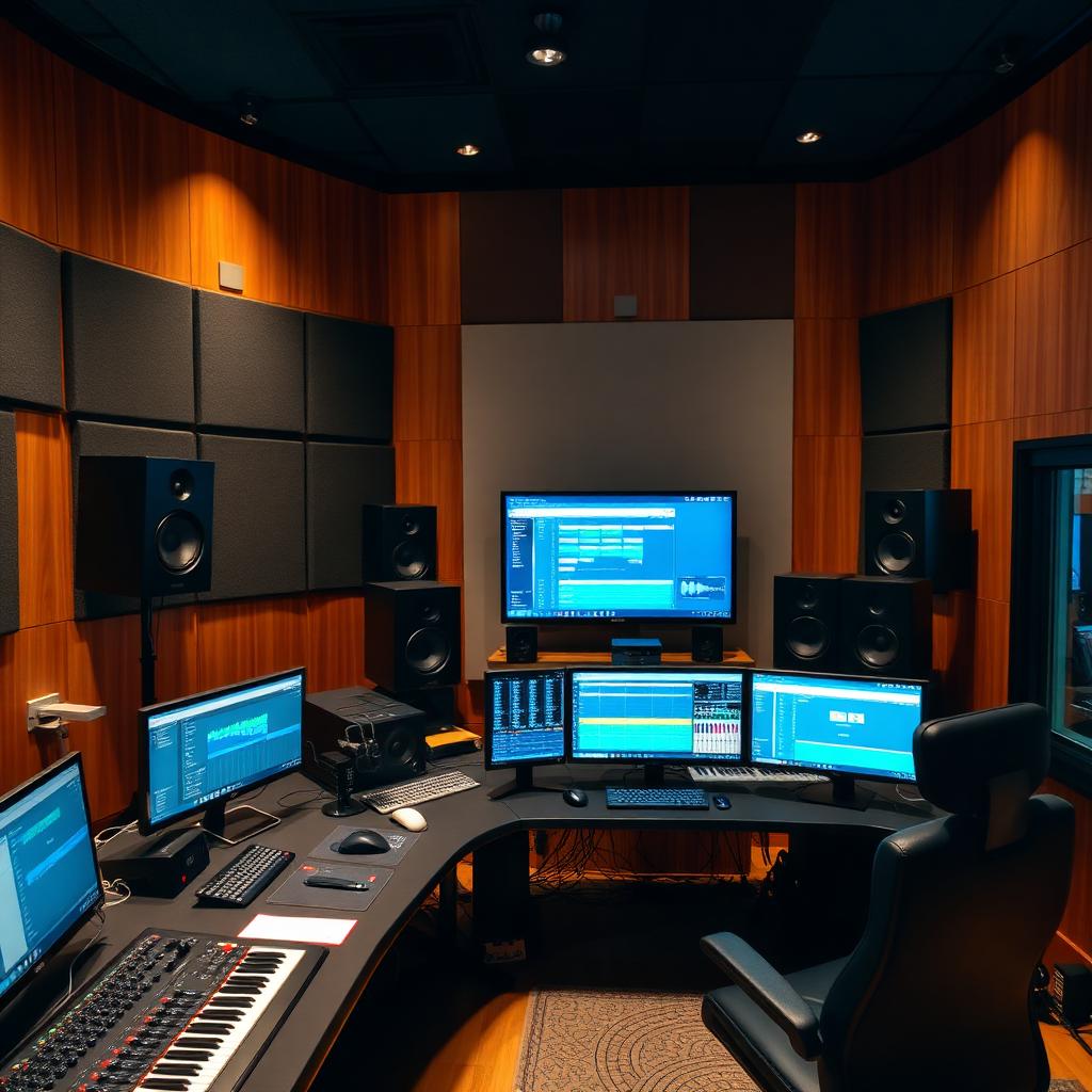 Professional recording studio with monitors and mixing console