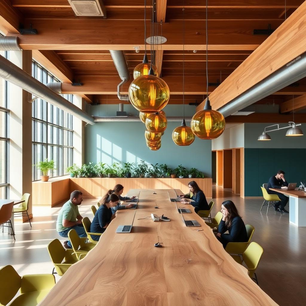 Modern open workplace with long wooden communal table